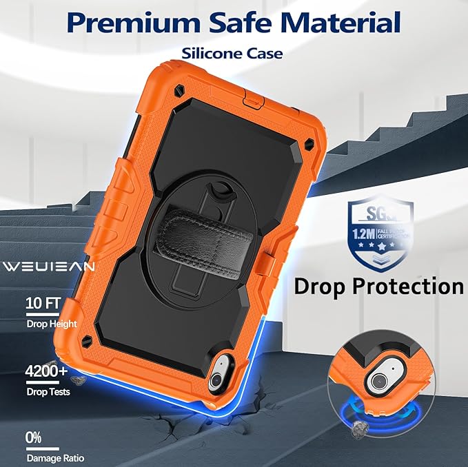 Weuiean Case for iPad A16 11th/10th Generation 11/10.9 Military-Grade Heavy-Duty Shockproof Cover with 360° Rotating Stand Built-in Pencil Holder &amp Adjustable Hand/Shoulder Strap - Black+Orang