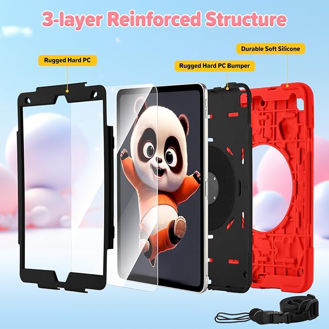 Case for iPad 9th/8th/7th GenerationCute 3D Cool Panda Warrior Design Cover with Screen Protector Rugged Protective Cartoon Case with Stand/Strap/Pen Slot for iPad 10.2 Kids Teens (Red+Black)