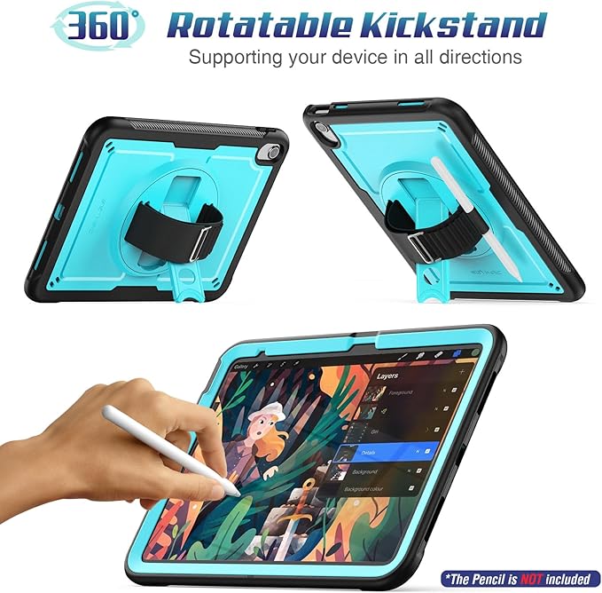 SEYMAC stock Case for iPad A16 11-inch Case 2025/ for iPad 11th/ 10th Generation 10.9'' 2022 Protective with Screen Protector Pen Holder Rotate Stand Loop Nylon Hand Strap Shoulder Strap Cyan