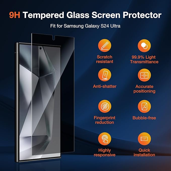 2 Pack Privacy Screen Protector for Samsung Galaxy S24 Ultra Anti-Spy Private Protective Film 100% Fingerprint Unlock 9h+ Tempered Glass Automatic Dust Removal Anti-Scratch Protection