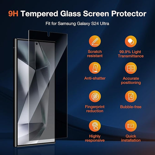 2 Pack Privacy Screen Protector for Samsung Galaxy S24 Ultra Anti-Spy Private Protective Film 100% Fingerprint Unlock 9h+ Tempered Glass Automatic Dust Removal Anti-Scratch Protection