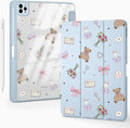 Cute Kawaii Bunny Bear Flower for iPad Pro 12.9 Inch Case 5th/6th Generation 2022/2021/2020 with Pencil Holder Auto Sleep/Wake Blue Leather Clear Acrylic Back Cover