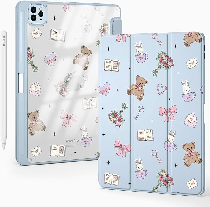 Cute Kawaii Bunny Bear Flower for iPad Pro 12.9 Inch Case 5th/6th Generation 2022/2021/2020 with Pencil Holder Auto Sleep/Wake Blue Leather Clear Acrylic Back Cover