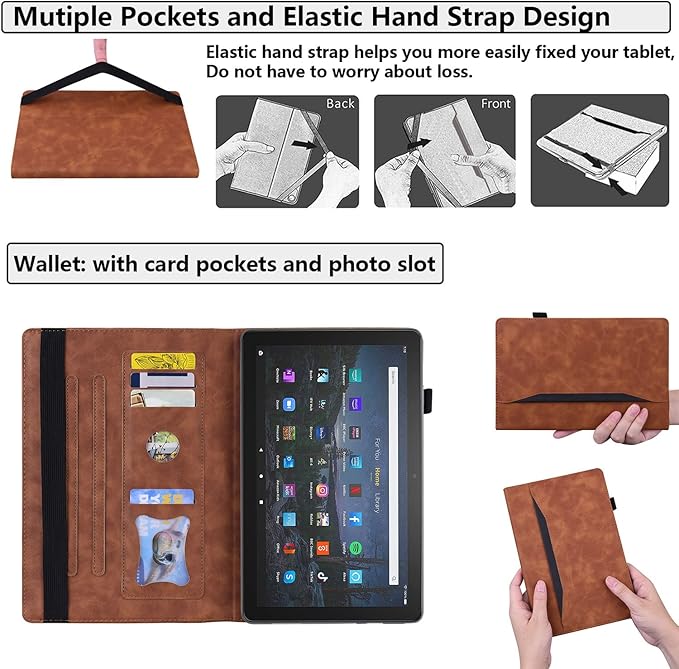 for Amazon Kindle Fire HD 10 &amp Fire HD 10 Plus Tablet Case 13th/11th Generation 10.1 (2023/2021) Folio Stand Embossed PU Leather Wallet Cover with Pencil Holder/Document Card Pockets Brown
