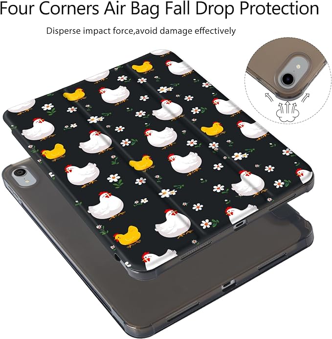 Girly Cute Hen Chicken Floral for iPad 6th/5th Gen Case 9.7 Inch (2018/2017)[Pencil Holder+Auto Sleep/Wake]Slim Stand Soft Leather TPU Back Smart CoverBlack