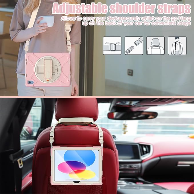 BRAECNstock Kids Case for Apple iPad (A16) 11th/10th Generation 11/10.9 20225/2022 Shockproof Protective Case with Screen Protector Pencil Holder Rotating Stand&ampHand Strap Sakura Pink