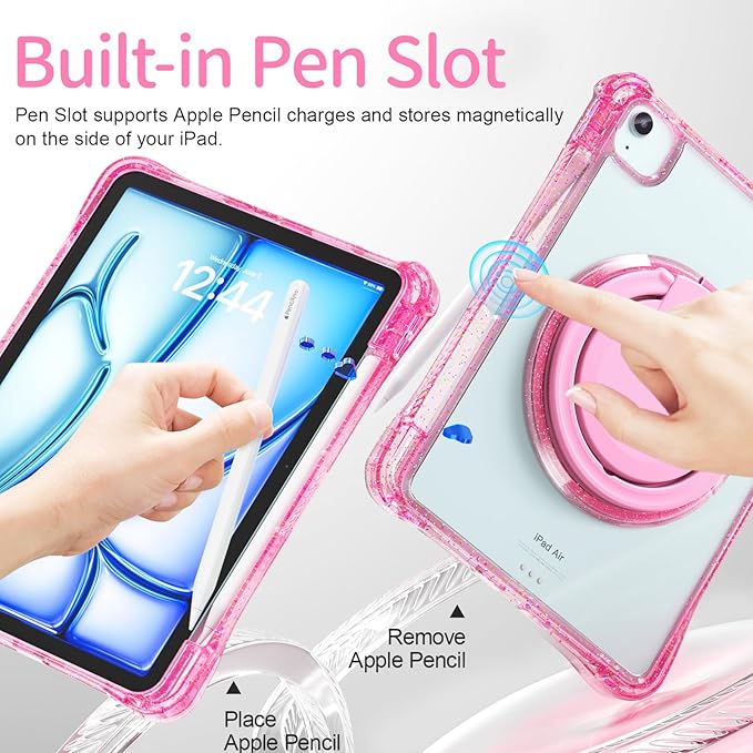 Shockproof Case for iPad Air 11'' (M4 2026/M3 2025/M2 2024)/ iPad Air 10.9'' Air 5th /4th Gen PC Clear Tablet Cases with Rotating Stand for Kids Giliter Rose