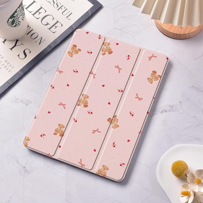 Lovely Bear Bowknot Case for iPad 5th/6th Generation(2017/2018) for iPad Air/Air 2 9.7 Inch with Pencil Holder Kawaii Girly Pink Leather Clear Back Shell Foldable Protective Cover