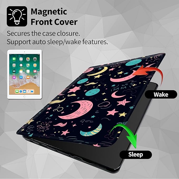 Case for Samsung Galaxy Tab S8 Plus 2022/S7 FE 2021/S7 Plus 2020 12.4 Inch Stars and Moons Theme 360 Degree Rotating Stand Smart Protective Cover for Samsung S7 FE Tablet