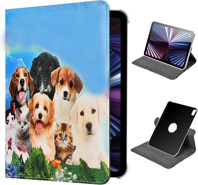 Case for ipad pro 12.9 inch 2nd &amp 1st Generation Old Model 2017/2015 MP6G2LL/A MQDA2LL/A MPLL2LL/A ML0F2LL/A ML3K2LL/A ML0N2LL/A ML0R2LL/A with Rotating Stand Auto Sleep/Wake ((Dog and Cat))