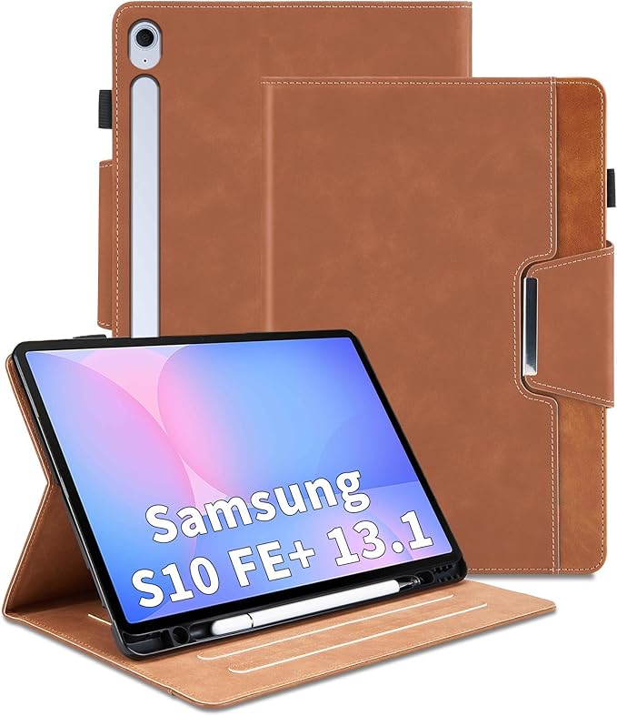 Case for Samsung Galaxy Tab S10 FE Plus 13.1 Inch 2025 Model(SM-X620/X626B) - Multi-Angle Viewing Stand Cover with Pocket and Magnetic Clasp PU Leather Business Folio Protective Case Brown