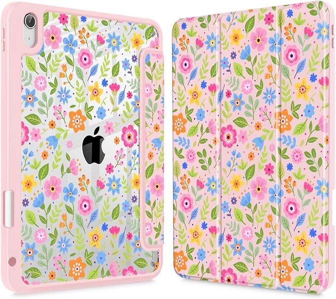 May Chen Case for iPad Air 13 Inch M4 2026 M3 2025 M2 2024 [Built-in Pencil Holder] Shockproof Cover with Clear Transparent Back Shell Auto Sleep/Wake Cover Small Flowers