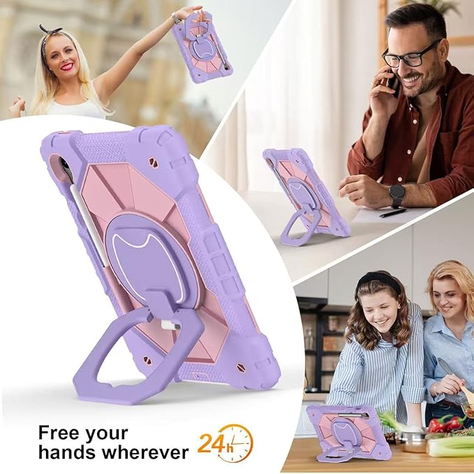 Case for Samsung Galaxy Tab S10 Lite/S10 FE/S9 FE 10.9 Inch Galaxy Tab S9 11 Inch Cute Rugged Galaxy S10 Tablet Cover w/Pen Holder Rotating Stand Shoulder Strap for Kids Girls Purple Rose