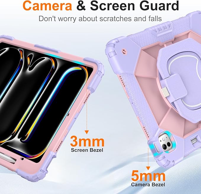 Case for iPad Pro 13 Inch M5 2025 / M4 2024 Auorld for iPad Pro 13 Inch M5 2025 with Screen Protector 360 Degree Rotating Stand Shoulder Strap Pencil Holder Purple Pink