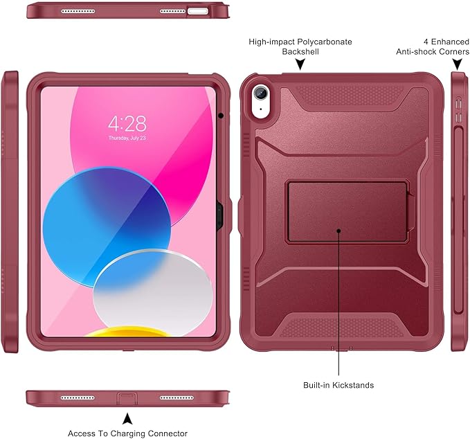 Soke Case for iPad (A16) 11th Generation 11-inch 2025 iPad 10th Generation 10.9-inch 2022 with Built-in Screen Protector and Kickstand Rugged Full Body Protective Cover - Dark Red