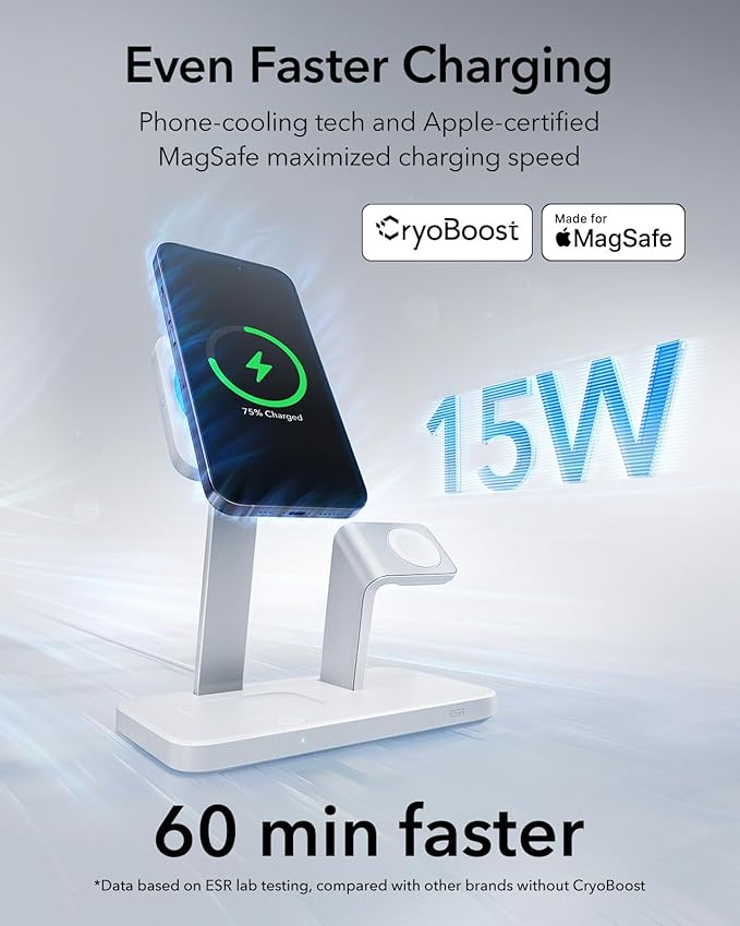 ESR for 25W 3-in-1 Magsafe Charger Stand Made for Apple-Certified Magnetic Wireless Charger 15W Charging Station for iPhone 17/16/15/14/13 Apple Watch/AirPods Pro Phone-Cooling Charger White
