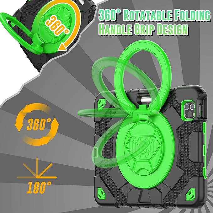 SCSVPN Kids Case for iPad Air 5th/4th Generation 10.9-inch 2022/2020 iPad Pro 11'' 4th/3rd/2nd/1st Gen 2022 2021 2020 2018 Protection Case with Pen Holder Stand Handle Shoulder Strap Black Green