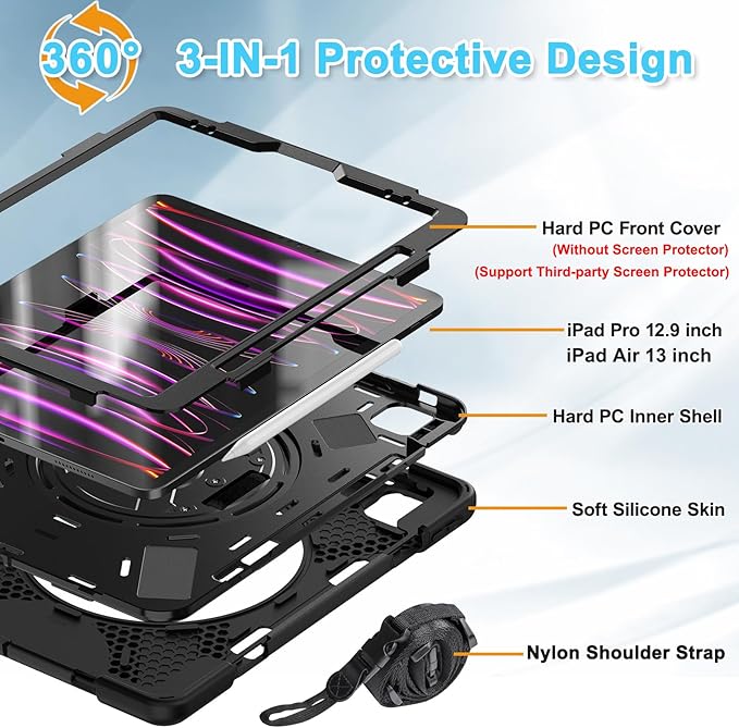 BRAECNstock for Apple iPad Air 13 inch (M4/M3/M2)/ iPad Pro 12.9 inch 6th/5th/4th/3rd Gen Case Shockproof Protective iPad Kids Case with Pen Holder Rotating Stand &amp Hand Strap Shoulder Strap B