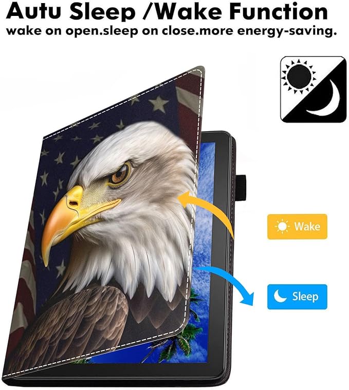 Case for Amazon Kindle Fire 7 Tablet (7 9th/7th Generation 2019/2017 Release) Slim PU Leather Cover with Card Slot &amp Auto Wake/Sleep - American Flag Bald Eagle