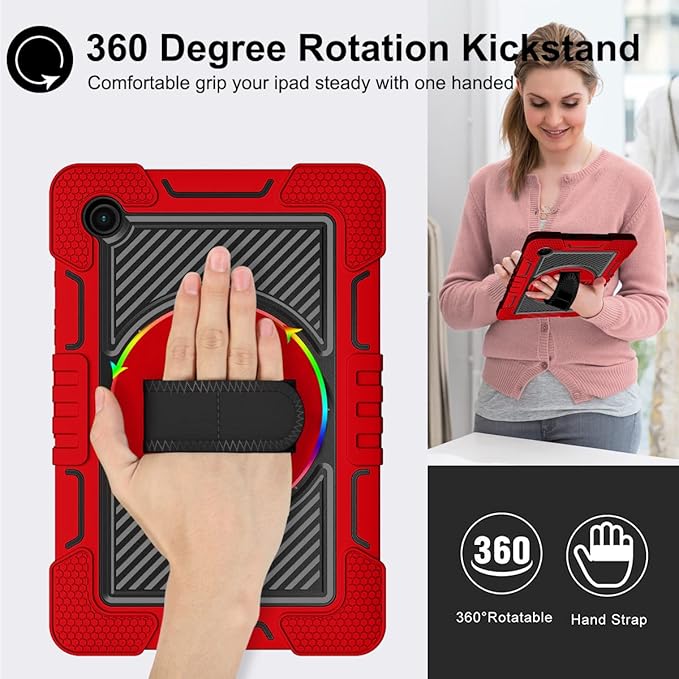 Case for Samsung Galaxy Tab A8 10.5 inch Tablet 2022 (SM-X200/X205/X207) with Hand Strap &amp Shoulder Strap [360° Rotating Kickstand] Hard Rugged Shockproof Swivel Stand Cover Red + Black