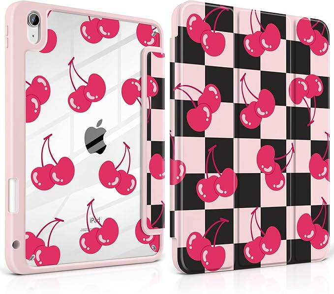 DONGKE Case for iPad (A16) 11th Generation 11 inch 2025 &amp iPad 10th Gen 10.9 inch 2022 [Built-in Pencil Holder] Clear Acrylic Back Trifold Stand Smart Cover Auto Sleep/Wake Cherry Checkers