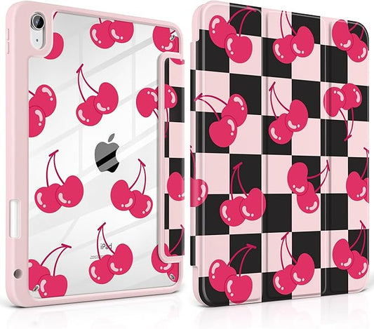 DONGKE Case for iPad (A16) 11th Generation 11 inch 2025 &amp iPad 10th Gen 10.9 inch 2022 [Built-in Pencil Holder] Clear Acrylic Back Trifold Stand Smart Cover Auto Sleep/Wake Cherry Checkers