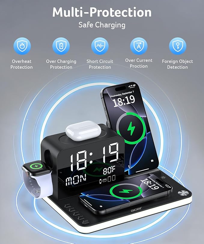 acer 7-in-1 Wireless Charging Station: Charger Stand for Multiple Devices for Apple - iPhone 16 15 14 13 12 Pro Max Apple Watch Airpods Wireless Charger iPhone Charging Station with Bluetooth TimeSyn