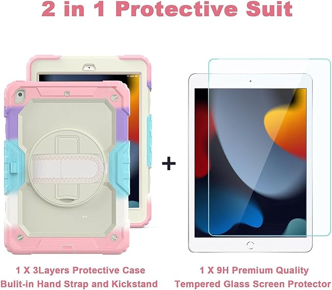 Ambison Case for iPad 9th/8th/7th Generation 10.2'' 2021/2020/2019 [Kid Proof] Full Body Protective Case with 9H Tempered Glass Screen Protector 360° Rotatable Kickstand &amp Hand Strap (Light Pink