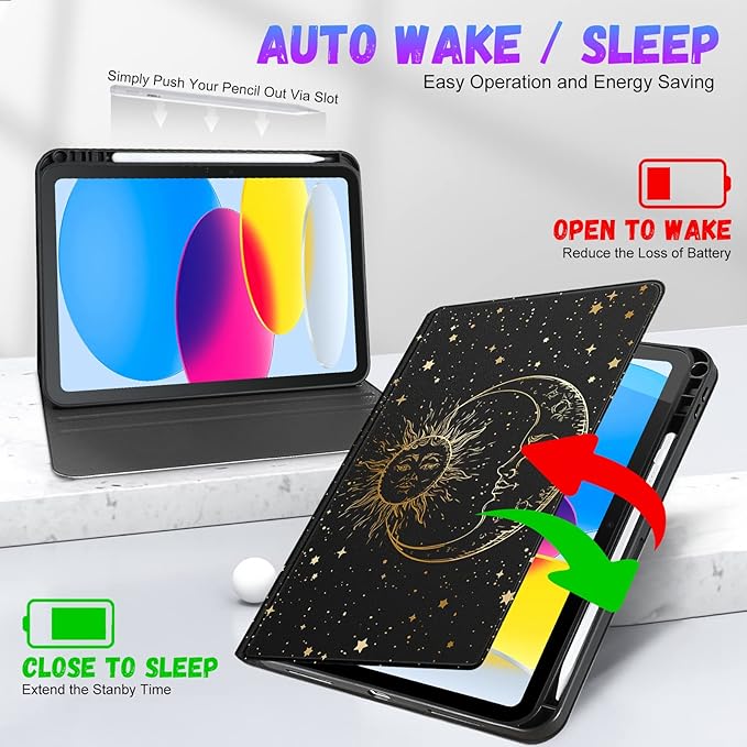 for iPad 10th Generation Case 10.9 Inch for iPad 11th(A16) 2025 Girls Cute Boys Women Folio Cover Pencil Holder Sun and Moon Aesthetic Cool Design Kawaii Teens Tablet Cases for Apple 10/11