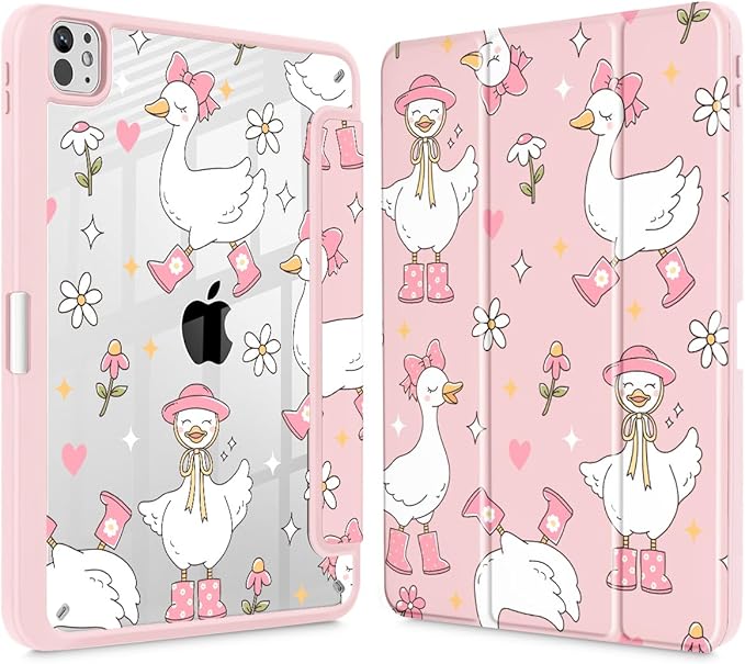 May Chen Case for iPad Pro 11-Inch M5/M4 2025/2024 (6th/5th Generation) [Penceil Holder] Trifold Stand Auto Wake/Sleep Clear TPU Protection Back Cover Cute Goose Spring