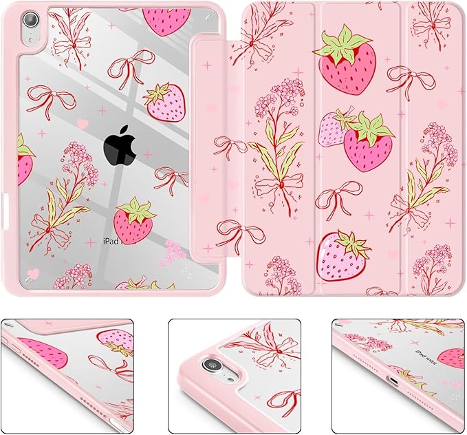 May Chen Slim Case for iPad mini 7 (A17 Pro 7th Generation) 2024 / iPad mini 6 (6th Gen) 8.3 Inch [Built-in Pencil Holder] Shockproof Cover Clear Clear Back Shell Auto Wake/Sleep Strawberry Bow