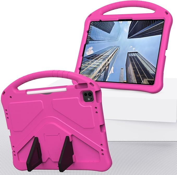 Case for iPad Air 13 inch (M2/M3) 2024/2025 for iPad Pro 13 inch (M4) 2024/12.9 inch (M2) 2022 EVA Shockproof Cover with Strap Handle Stand Pink