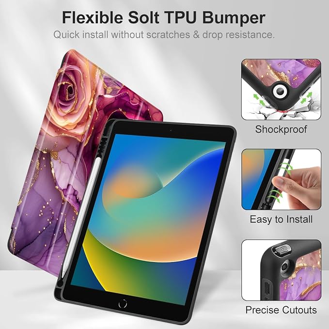 Mektron Designed Printed iPad 10.2 Case 9th Gen (2021)/ 8th Gen (2020)/ 7th Gen (2019) with Pencil Holder Slim Stand Protective Case with Soft TPU Back for iPad 10.2 Inch Marble Flowers