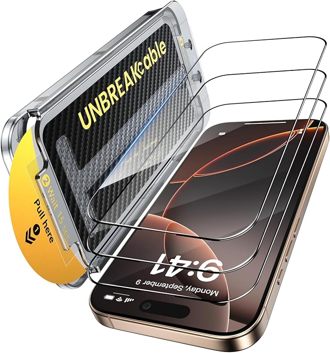 UNBREAKcable 3-Pack for iPhone 16 Pro Max Screen Protector 9H+ Tempered Glass [Easy Installation Frame + Auto Dust-Elimination] [Bubble-Free Shatterproof HD Clear 99.99%] [1:1 Full Coverage]