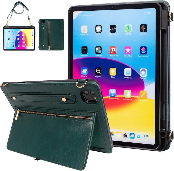 Dteck Case for iPad Air 13 inch M2 2024/iPad Pro 12.9 Case 6th/5th/4th/3rd Generation 2022/2021/2020/2018Premium PU Leather Shockproof Protective Case Zipper Pocket Strap Soft TPU Back CoverGreen