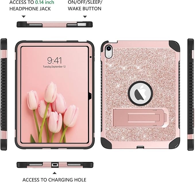 YINLAI Case for iPad 10th Generation iPad Case 10th Generation 2022 10.9-Inch Kid Girl Women Slim Stand Glitter Bling Shockproof Protective Cover for iPad 10th Gen A2696/A2757/A2777 Rose Gold/Pink