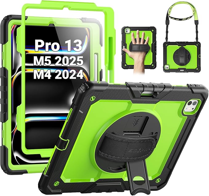 SEYMAC Case for iPad Pro 13 Inch M5 2025 / M4 2024 Heavy Duty Shockproof Protective Case with Screen Protector 360° Rotating Stand Hand/Shoulder Strap and Pen Holder Green