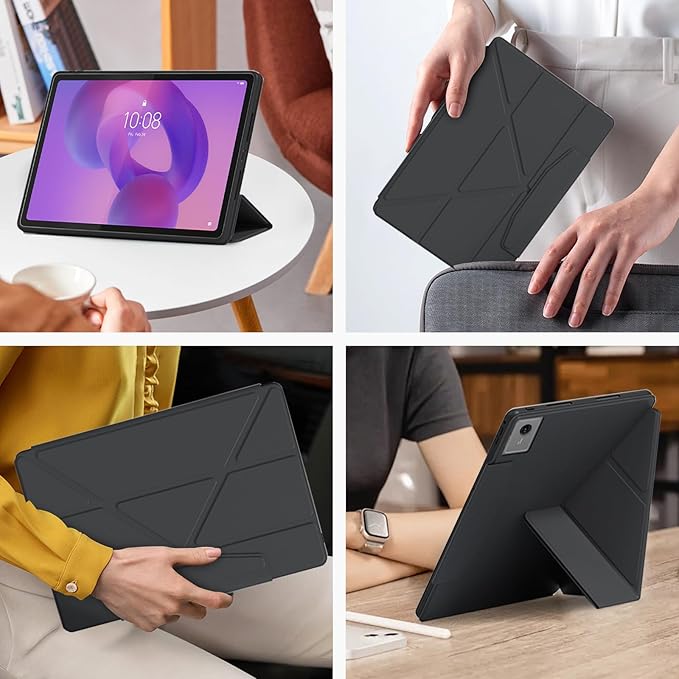 Case for Lenovo Idea Tab Plus 12.1 Inch – Multi-Angle Stand PU Leather Soft Cover with Hidden Pencil HolderSlim Lightweight Back Protective Folio Case ShockproofAnti-Scratch[Black]