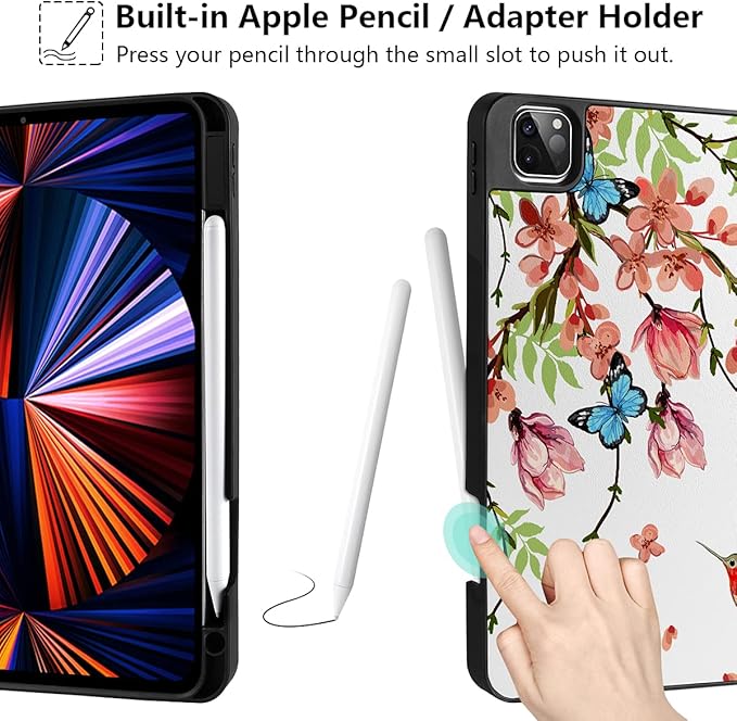 MEEgoodo for iPad Pro M2 12.9 Case 6th/5th/4th/3rd Generation 2022 2021 2020 2018 with Pencil Holder Tablet Cover with Soft TPU Back Shell Birds &amp Flowers
