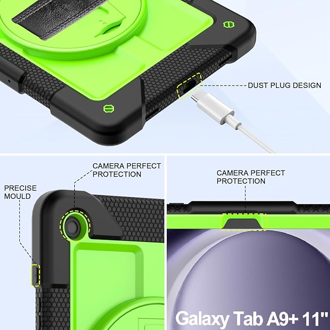 BMOUO for Samsung Galaxy Tab A9+ Plus Case 11 2023 (SM-X210/X216/X218) Shockproof Galaxy Tab A9 Plus Case with Rotating Stand and Hand/Shoulder Strap Green and Black