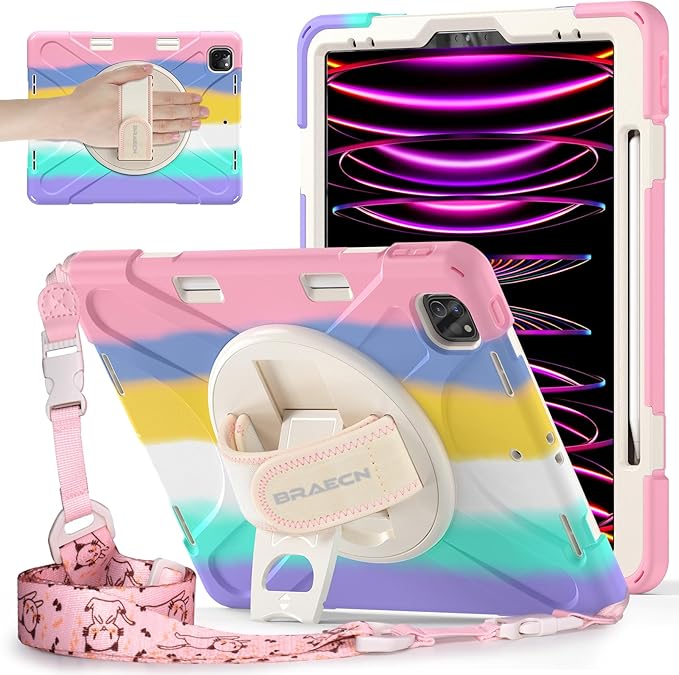 BRAECNstock Kids Case for Apple iPad Air 13 inch (M4/M3/M2)/ iPad Pro 12.9 inch 6th/5th/4th/3rd Gen Shockproof Protective Case with Pencil Holder 360° Rotating Hand Strap + Stand Colorful Pink