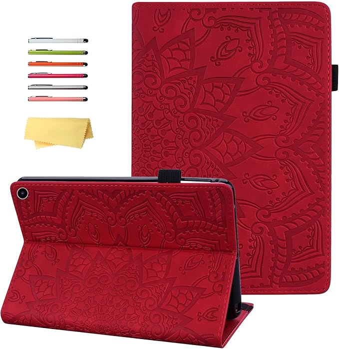 Case for Kindle Fire HD 10 &amp HD 10 Plus 10.1 inch (13th/11th Generation 2023/2021) Stand Embossed Flower PU Leather Magnetic Wallet Cover with Pencil Holder/Pockets [Auto Wake/Sleep] Red