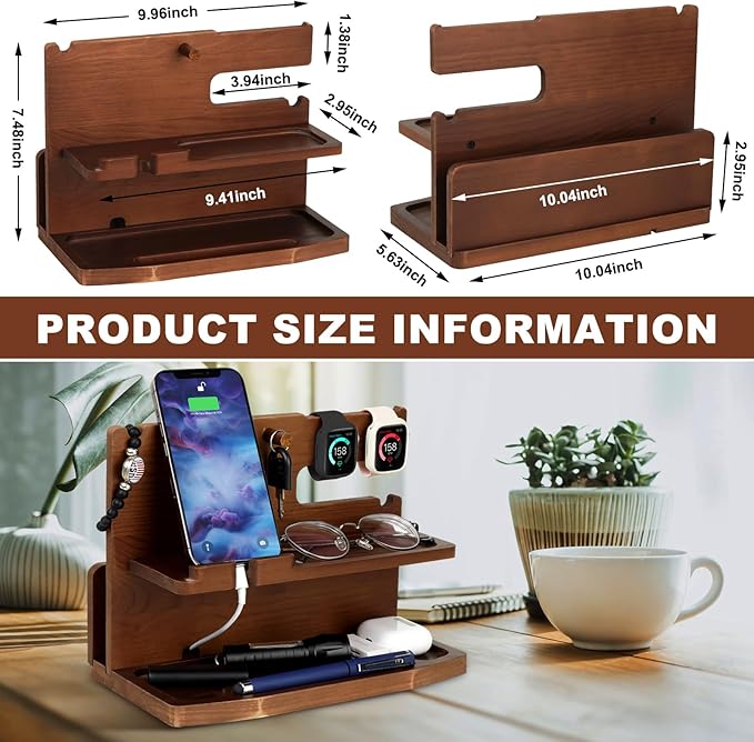 Gifts for Men Desk or Nightstand Organizer - Wood Phone Docking Station - Birthday Gifts for Husband Fathers Day for Dad - Anniversary Idea from Wife - Key Holder Stand Wallet Watch &amp Essential
