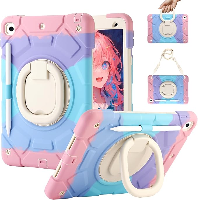 for iPad 9th/8th/7th Generation Case(2021/2020/2019)360°Rotating Handle Stand with[ Pencil Holder&ampShoulder Strap] Heavy Duty Shockproof Kids Cover for iPad 10.2 inch (Colorful Pink)