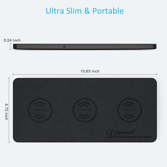 Wireless Charging Pad ZealSound Ultra-Slim Triple Charger Station for Multiple 3 Devices &amp New Airpods Ultra Slim PU Leather Wireless Charging Mat W/AC Adapter for Smartphone Phone (Black)