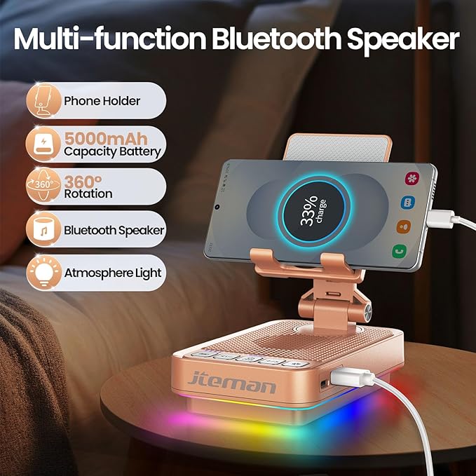 JTEMAN Gifts for Men Women Phone Stand Bluetooth Speaker with Light and Charging Function 360 Rotating Phone Holder Cool Tech Gifts for Dad Mom Husband Unique Birthday Gift Ideas - Rose Gold