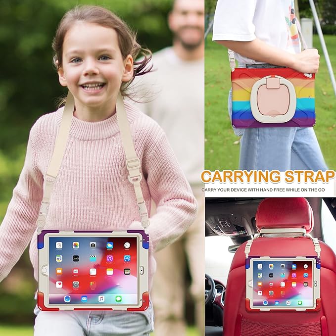 BRAECN Case for 9.7 Inch iPad 5th/6th Gen 2018/2017 Drop Protection Silicone Cover w/Pencil Holder Shoulder Strap Folding Handle Grip Kickstand for Kids Fit for iPad Pro 9.7”/Air 2- Colorful Red