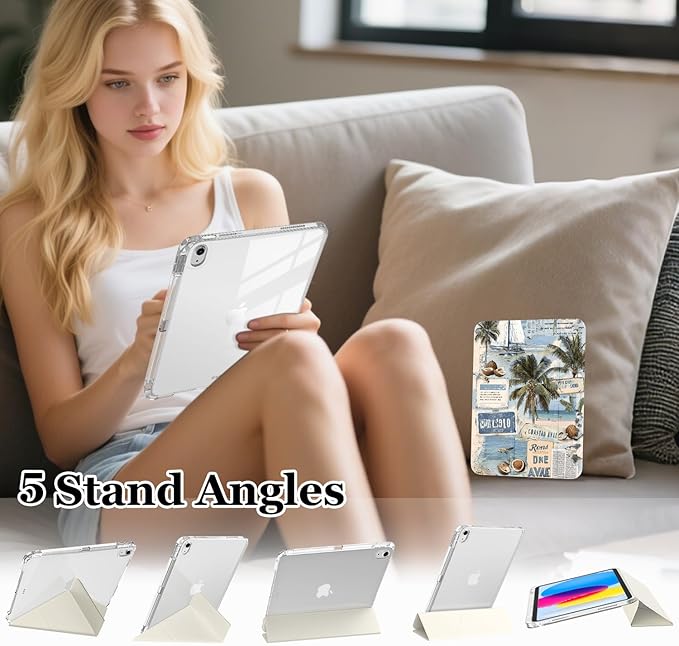 Sea Beach Newspaper for iPad Air 11 Inch Case 7th/6th Generation (M3/M2) 2025/2024 with Pencil Holder Auto Sleep/Wake White Leather Acrylic Back Detachable Cover