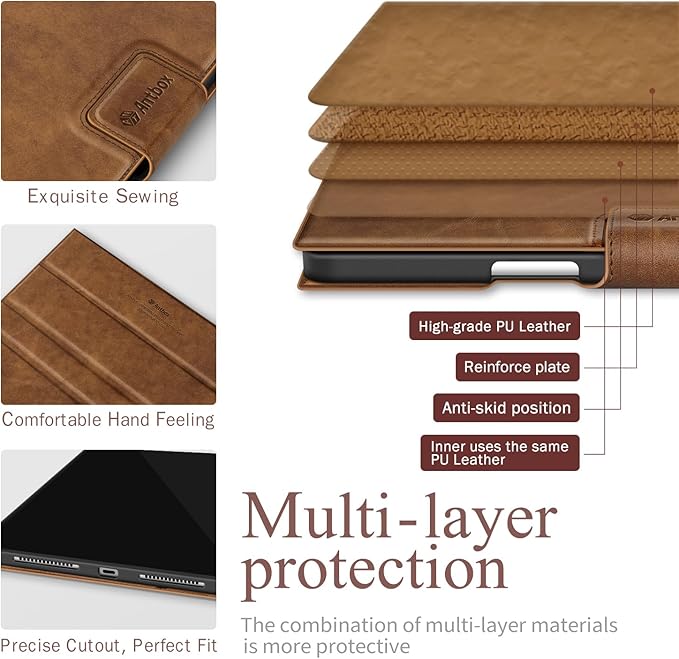 Antbox for iPad Pro 11 Inch Case M5 2025/M4 2024 Premium Vegan Leather Supports Pencil Pro and Pencil (USB-C) Auto Sleep/Wake Function Built-in Pencil Holder (Tan)