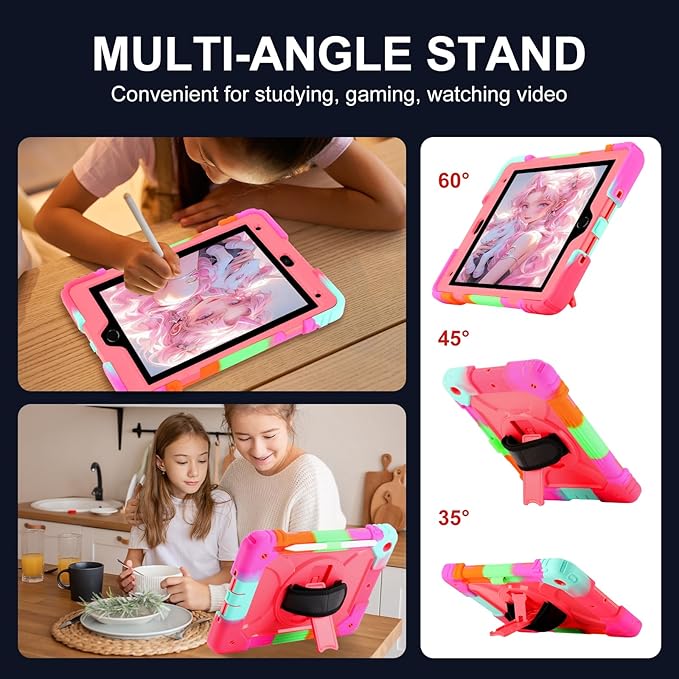 for iPad 9th/8th/7th Generation CaseiPad 10.2 Case 2021/2020/2019 with Cute Key Chain Rugged Protective Case with 360°Rotating Stand &amp Shoulder Hand Strap &amp Pen Slot for 10.2 Inch (Rainbow